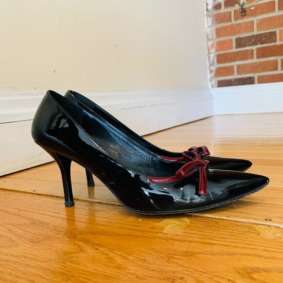 PRADA Black Patent Leather Heels With Maroon Bow, Size 41 US 11 - Picture 7 of 16